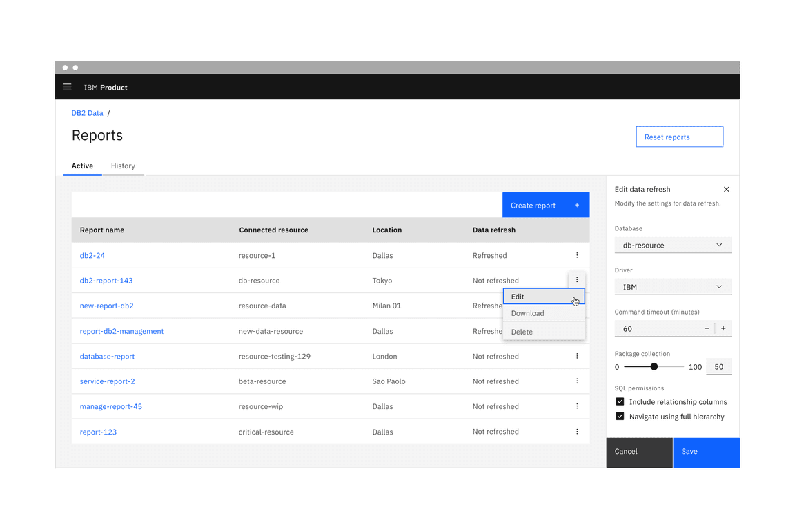 A temporary user flow where a data table with primary action has an open side panel with its own primary action.